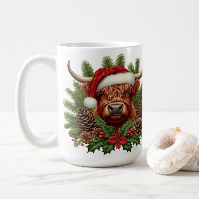 Mug Vache Highland à Santa Hat Pinecones de Noël (Avec donut)