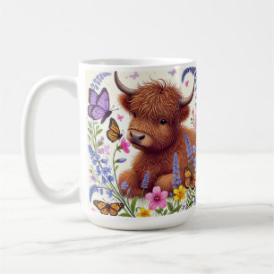Mug Vache Highland aux fleurs et papillons