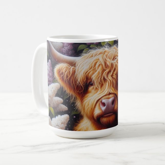 Mug Vache Highland avec Fleurs Lilac (Devant gauche)