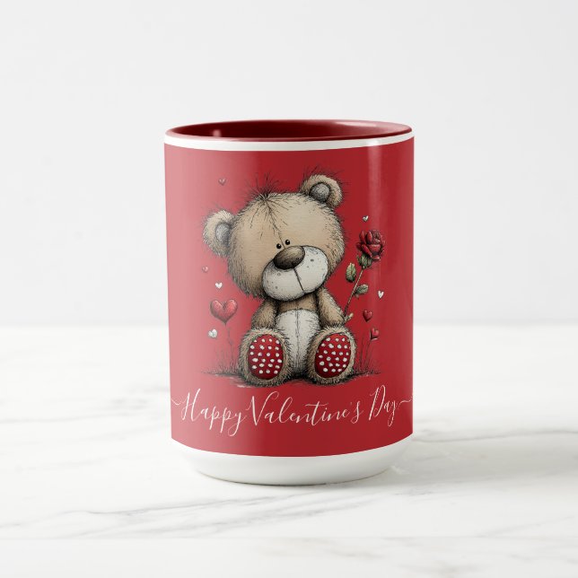 Mug Valentine Teddy Bear with Rose and Hearts (Centre)