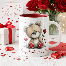 Mug Valentine Teddy Bear with Rose and Hearts