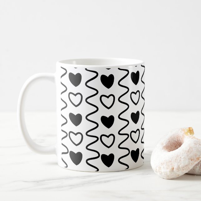 Mug Valentines Jour Coeurs Chevron Motif noir blanc (Avec donut)