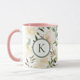 Mug Vanille florale romantique Aquarelle blanche Monog