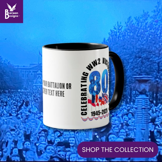 Mug VE DAY 80e anniversaire Victoire en Europe 2ÈME GU (Souvenir mug to celebrate the 80th Anniversary of VE Victory in Europe Day w/ customizable text.)