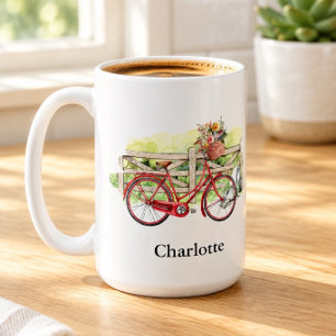 Mug Vélo rouge avec fleurs aquarelle personnalisé