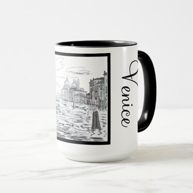 Mug Venice City Ringer noir et blanc 15oz (Devant droit)