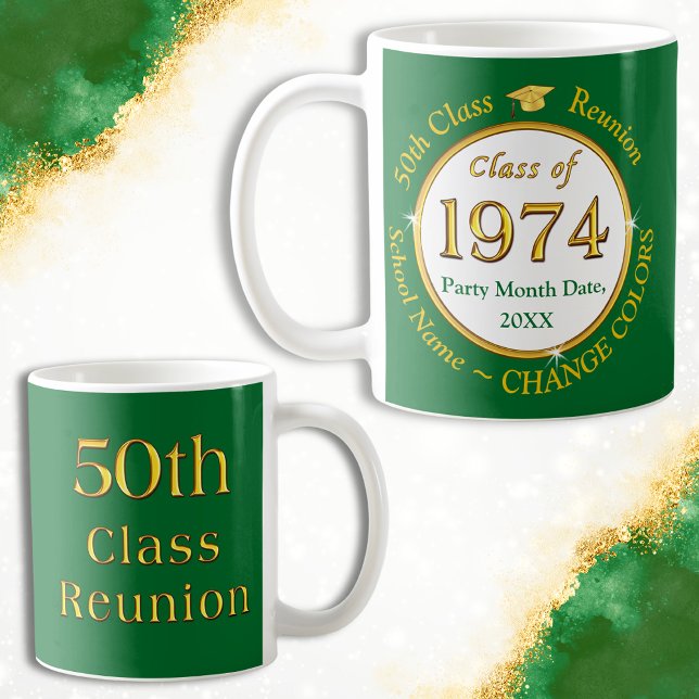 Mug Vert et Or, Souvenirs de Réunion de 50 ans, (Personalized, Class of 1974, Mugs. 50th class reunion gift ideas and souvenirs. Green, Gold, White.)