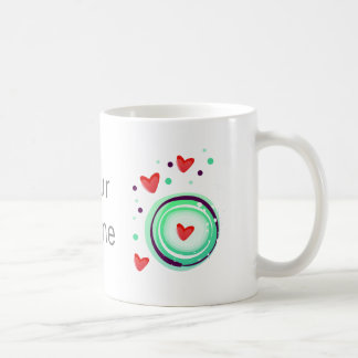 Mug vert et violet, coeur rouge