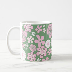 Mug Vert rose blanc rétro Y2K les années 70 Fleur Moti