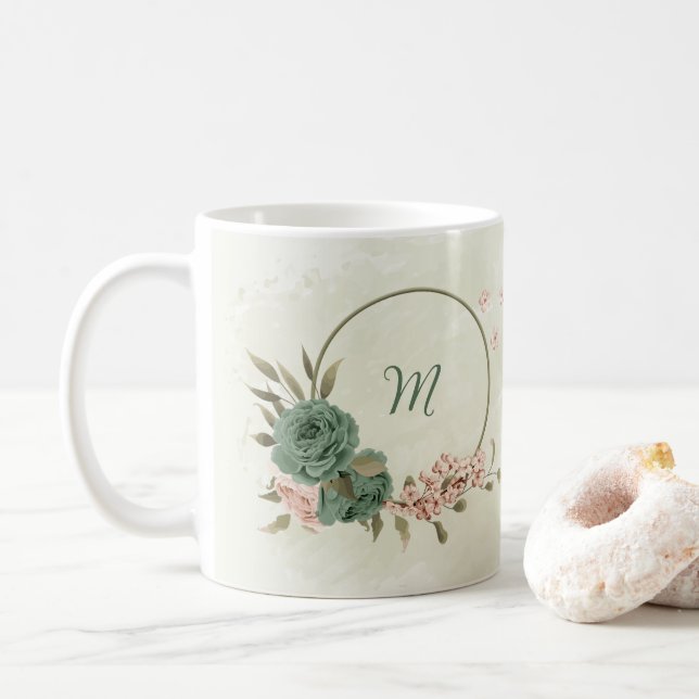 Mug vert sauge floral rose  (Avec donut)