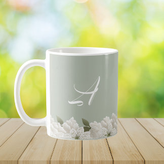 Mug Vert sauge Monogramme Floral Élégant Emboîté