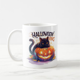 Mug Vibes d'Halloween - Chat Citrouille brillant