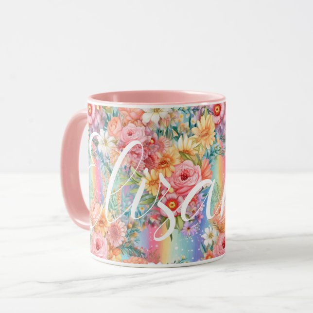 Mug Vibes positives Arcs-en-ciel brillants Floraux Nom (Devant gauche)