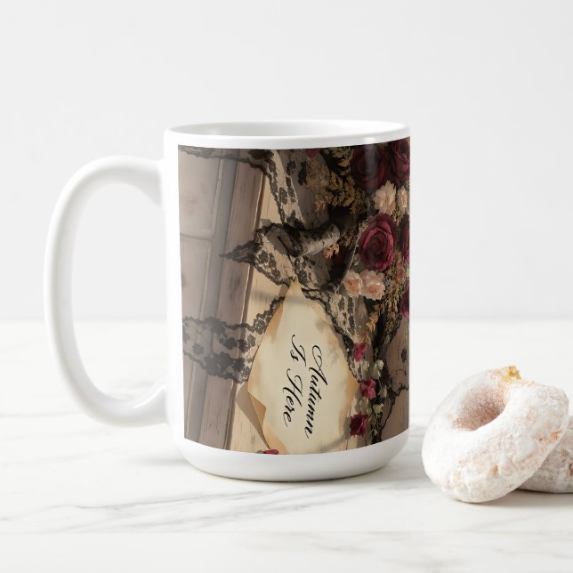 Mug Victorien Autumn Window Lace rideaux Rose Art (Avec donut)