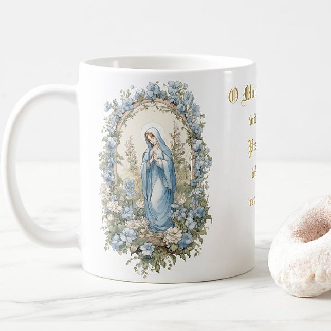 Mug Vierge catholique Marie Prière Blues Floral (ENJOY YOUR MORNING COFFEE WITH THE BLESSED MOTHER! )