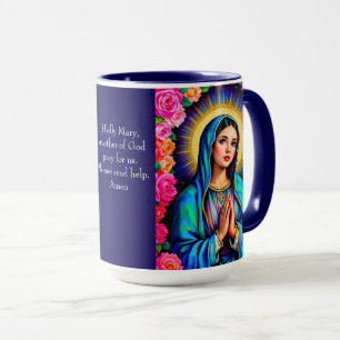 Mug Vierge Marie Prière Rose Floral Blue Café