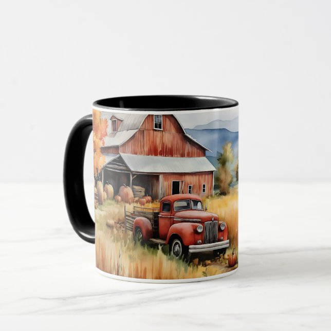 Mug Vieux camionnette et grenier rouge à l'automne (Devant gauche)