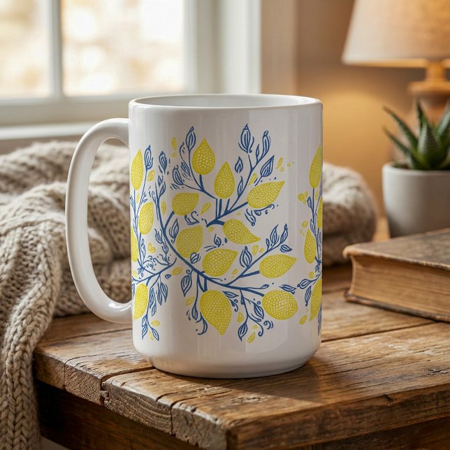 Mug Vignes de citron rafraîchissant bleu et jaune (Blue and yellow refreshing lemon vines coffee mug.)