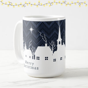 Mug Village de Noël rustique bleu en tricot chevron
