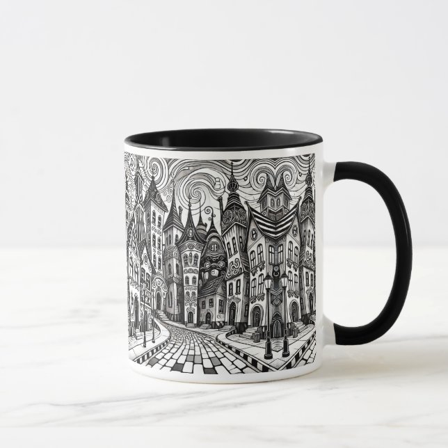 Mug Village en noir et blanc avec des maisons penchées (Droite)