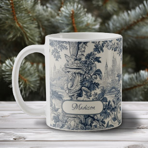 Mug Vintage Bleu Floral Toile de Jouy Monogramme