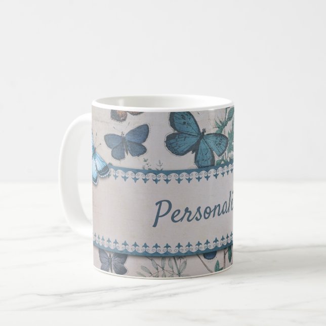 Mug Vintage Blue Butterfly Motif personnalisé (Devant gauche)