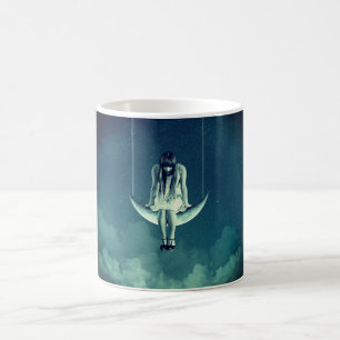 Mug Vintage fille sur croissant lune gothique bleu gri