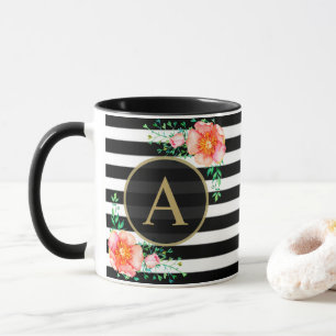 Mug Vintage Floral Or Monogramme noir blanc rayé