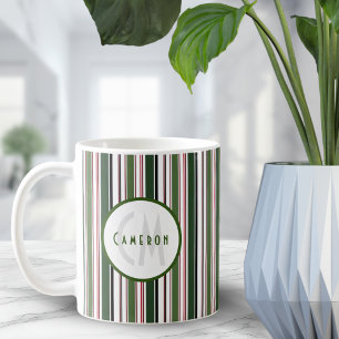 Mug Vintage rayures Moderne Vert Blanc Monogramme