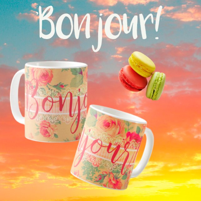 Mug Vintage Shabby Chic Floral Roses Bonjour ! (Créateur téléchargé)