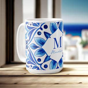 Mug Vintage Talavera Azulejo tuiles bleues monogrammed