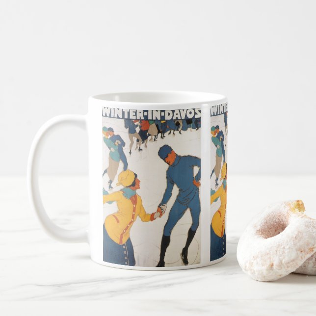 Mug Vintage voyage, Art Déco, Winter Davos Suisse (Avec donut)