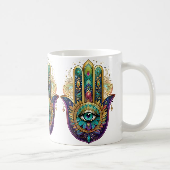 Mug Violet Green Gold Petals Hamsa Turquoise Third Eye (Droite)