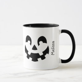 Mug Visage de citrouille noir et blanc avec nom Hallow