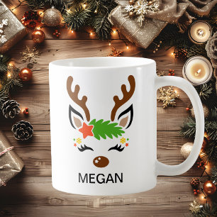 Mug Visage de Renne Étoilé Nom Personnalisé Fêtes
