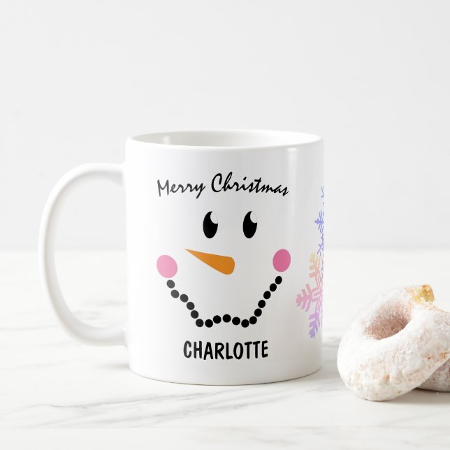 Mug Visage de Snowman mignon, Snowflakes, Joyeux Noël (Avec donut)