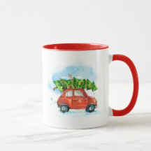Voiture aquarelle avec arbre de Noël en haut