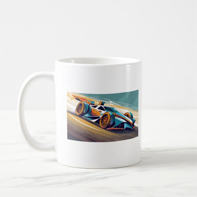 Mug Voiture de course bleue et orange sur piste (Gauche)