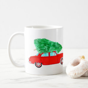 Mug Voiture rouge avec arbre de Noël Aquarelle