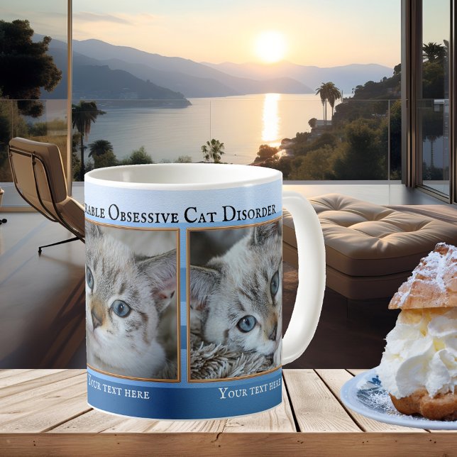 Mug Vos 3 mignonnes Photos de chats Bleu Bouton Bouton (Funny cat lover mug featuring your photos framed by a blue striped design with gold - crazy cat lady)