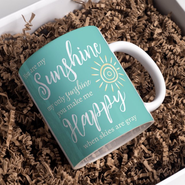 Mug Vous Êtes Mon Soleil Me Rendre Heureux Turquoise S (Sunshine you make me Happy teal blue mug with yellow sun and typography will cheer up anyone's day! )