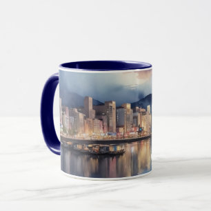 Mug Watercolor City Night View Rivière et bateau de pê