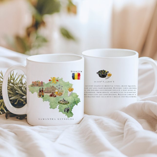 Mug Watercolor Illustrated Map Belgium | Monogram (Créateur téléchargé)