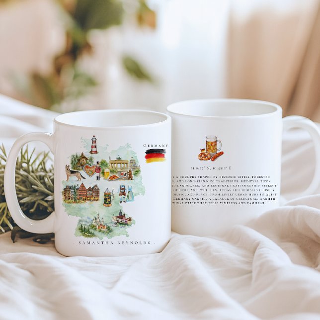 Mug Watercolor Illustrated Map Germany | Monogram (Créateur téléchargé)