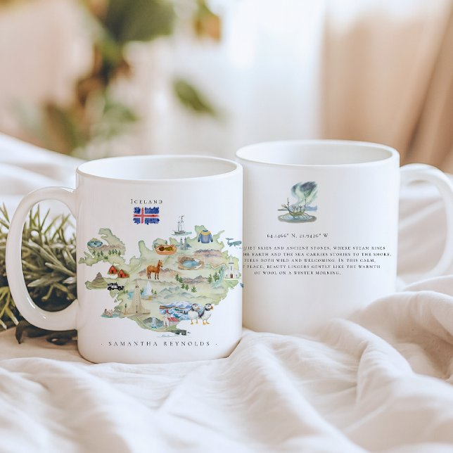 Mug Watercolor Illustrated Map Iceland | Monogram (Créateur téléchargé)