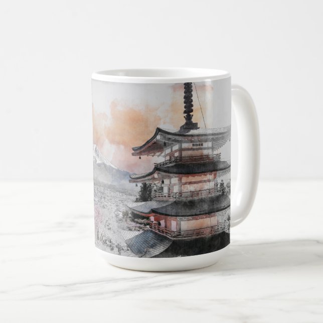 Mug Watercolor Japanese Pagoda & Fuji  (Devant droit)