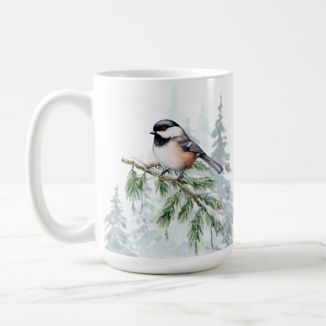 Mug Watercolor Winter Spruce Tree Chickadee  (Gauche)