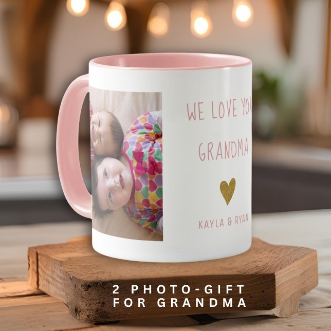 Mug We Love You Grand-mère 2 Photo Collage rose (We Love You Grandma 2 Photo Collage Pink Mug)