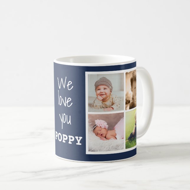 Mug We Love You Poppy Grandpa 8 Photo Collage Bleu (Devant droit)