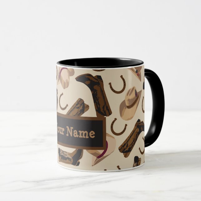 Mug Western Cowboy Boots Casquette Beige Nom Personnal (Devant droit)